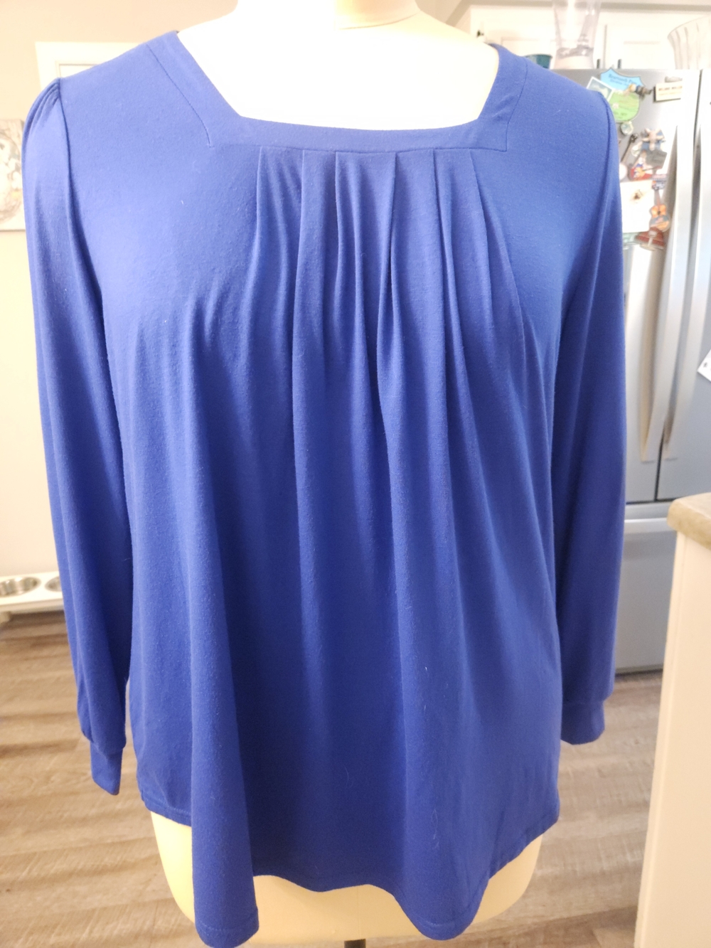 Square-Neck Pleated Long-Sleeve Blouse in Royal Blue